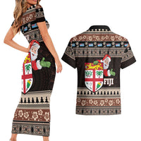 Fiji Christmas Couples Matching Short Sleeve Bodycon Dress and Hawaiian Shirt Fijian Masi Marau na Kerisimasi! - Brown LT14 - Polynesian Pride