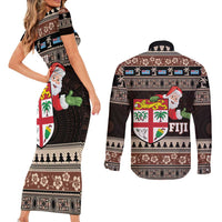 Fiji Christmas Couples Matching Short Sleeve Bodycon Dress and Long Sleeve Button Shirt Fijian Masi Marau na Kerisimasi! - Brown LT14 - Polynesian Pride