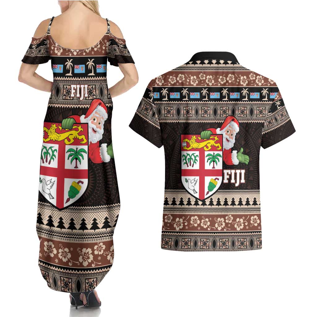 Fiji Christmas Couples Matching Summer Maxi Dress and Hawaiian Shirt Fijian Masi Marau na Kerisimasi! - Brown LT14 - Polynesian Pride