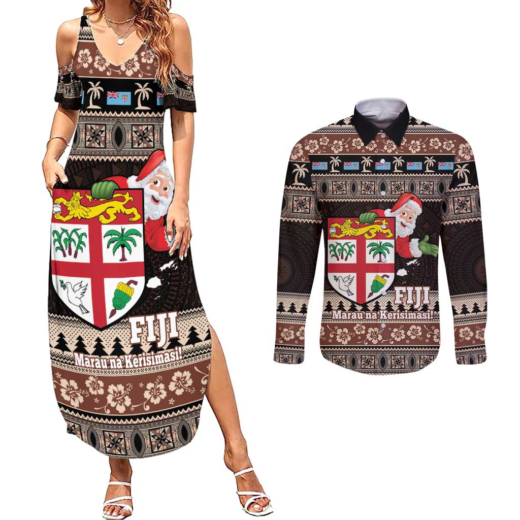Fiji Christmas Couples Matching Summer Maxi Dress and Long Sleeve Button Shirt Fijian Masi Marau na Kerisimasi! - Brown LT14 Brown - Polynesian Pride