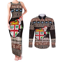 Fiji Christmas Couples Matching Tank Maxi Dress and Long Sleeve Button Shirt Fijian Masi Marau na Kerisimasi! - Brown LT14 Brown - Polynesian Pride
