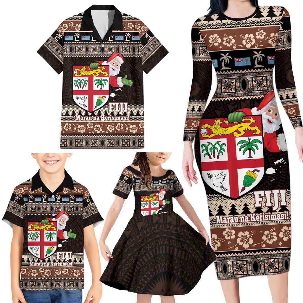 Fiji Christmas Family Matching Long Sleeve Bodycon Dress and Hawaiian Shirt Fijian Masi Marau na Kerisimasi! - Brown LT14 - Polynesian Pride