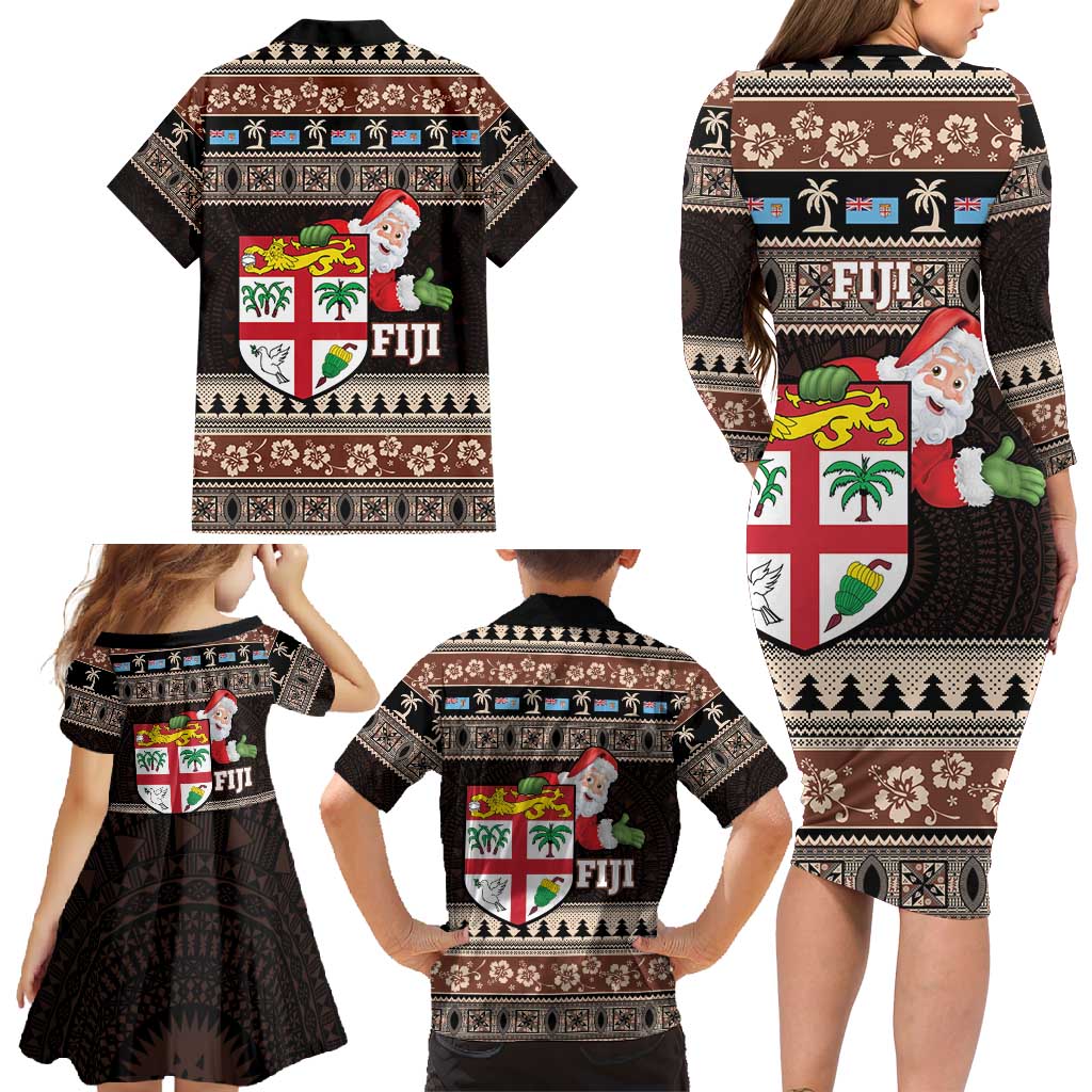 Fiji Christmas Family Matching Long Sleeve Bodycon Dress and Hawaiian Shirt Fijian Masi Marau na Kerisimasi! - Brown LT14 - Polynesian Pride