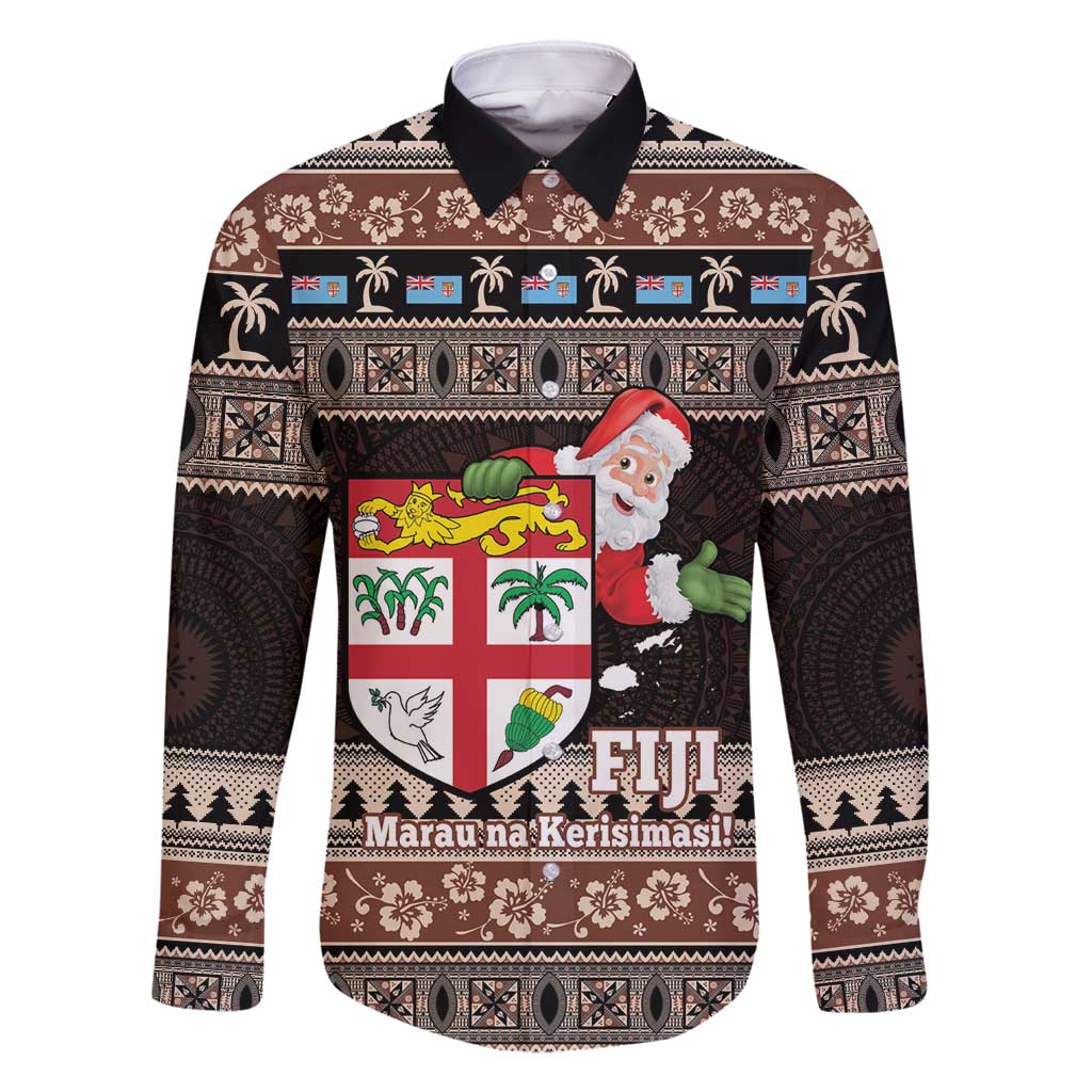 Fiji Christmas Family Matching Long Sleeve Bodycon Dress and Hawaiian Shirt Fijian Masi Marau na Kerisimasi! - Brown LT14 Dad's Shirt - Long Sleeve Brown - Polynesian Pride