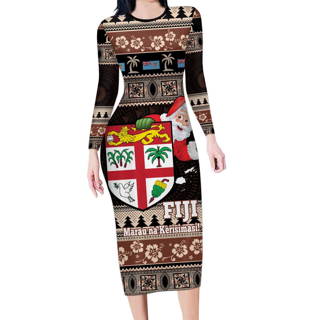 Fiji Christmas Family Matching Long Sleeve Bodycon Dress and Hawaiian Shirt Fijian Masi Marau na Kerisimasi! - Brown LT14 Mom's Dress Brown - Polynesian Pride