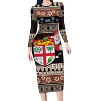 Fiji Christmas Family Matching Long Sleeve Bodycon Dress and Hawaiian Shirt Fijian Masi Marau na Kerisimasi! - Brown LT14 Mom's Dress Brown - Polynesian Pride