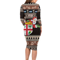 Fiji Christmas Family Matching Long Sleeve Bodycon Dress and Hawaiian Shirt Fijian Masi Marau na Kerisimasi! - Brown LT14 - Polynesian Pride