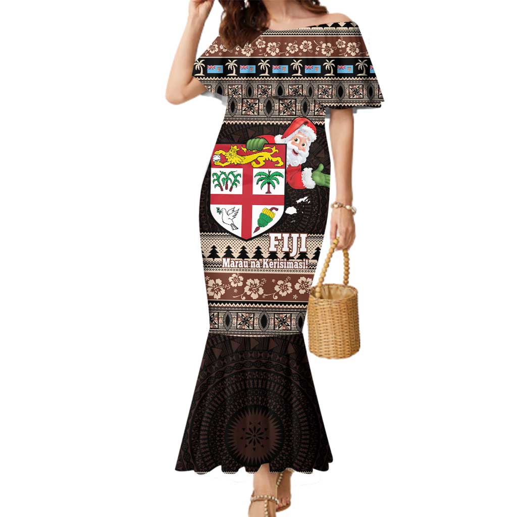 Fiji Christmas Family Matching Mermaid Dress and Hawaiian Shirt Fijian Masi Marau na Kerisimasi! - Brown LT14 Mom's Dress Brown - Polynesian Pride