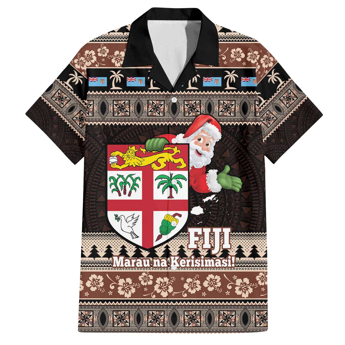 Fiji Christmas Family Matching Off The Shoulder Long Sleeve Dress and Hawaiian Shirt Fijian Masi Marau na Kerisimasi! - Brown LT14 Dad's Shirt - Short Sleeve Brown - Polynesian Pride