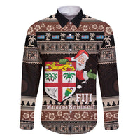 Fiji Christmas Family Matching Off The Shoulder Long Sleeve Dress and Hawaiian Shirt Fijian Masi Marau na Kerisimasi! - Brown LT14 Dad's Shirt - Long Sleeve Brown - Polynesian Pride