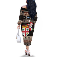 Fiji Christmas Family Matching Off The Shoulder Long Sleeve Dress and Hawaiian Shirt Fijian Masi Marau na Kerisimasi! - Brown LT14 - Polynesian Pride
