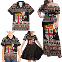 Fiji Christmas Family Matching Off Shoulder Maxi Dress and Hawaiian Shirt Fijian Masi Marau na Kerisimasi! - Brown LT14 - Polynesian Pride