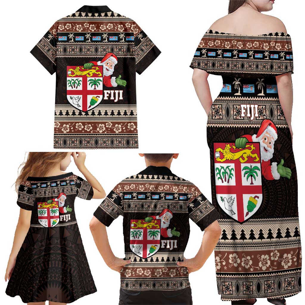 Fiji Christmas Family Matching Off Shoulder Maxi Dress and Hawaiian Shirt Fijian Masi Marau na Kerisimasi! - Brown LT14 - Polynesian Pride