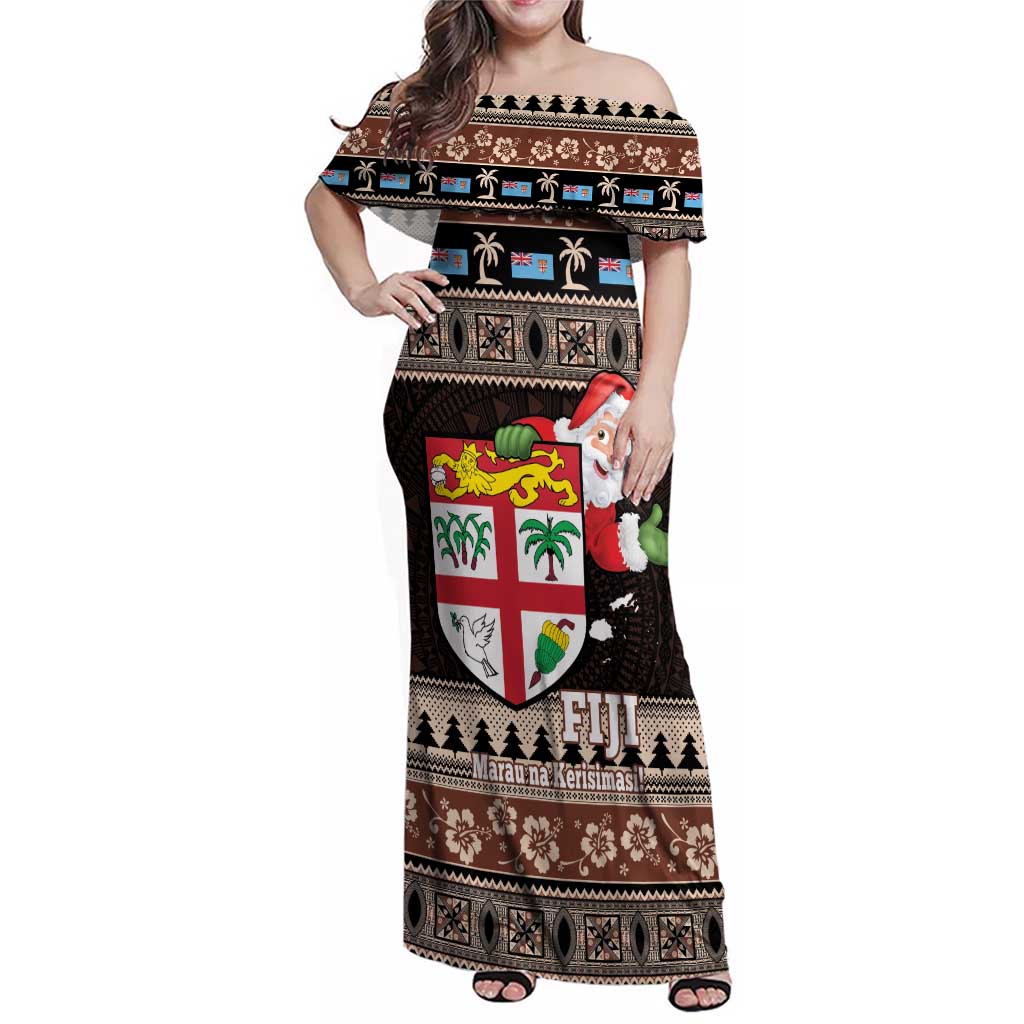 Fiji Christmas Family Matching Off Shoulder Maxi Dress and Hawaiian Shirt Fijian Masi Marau na Kerisimasi! - Brown LT14 Mom's Dress Brown - Polynesian Pride