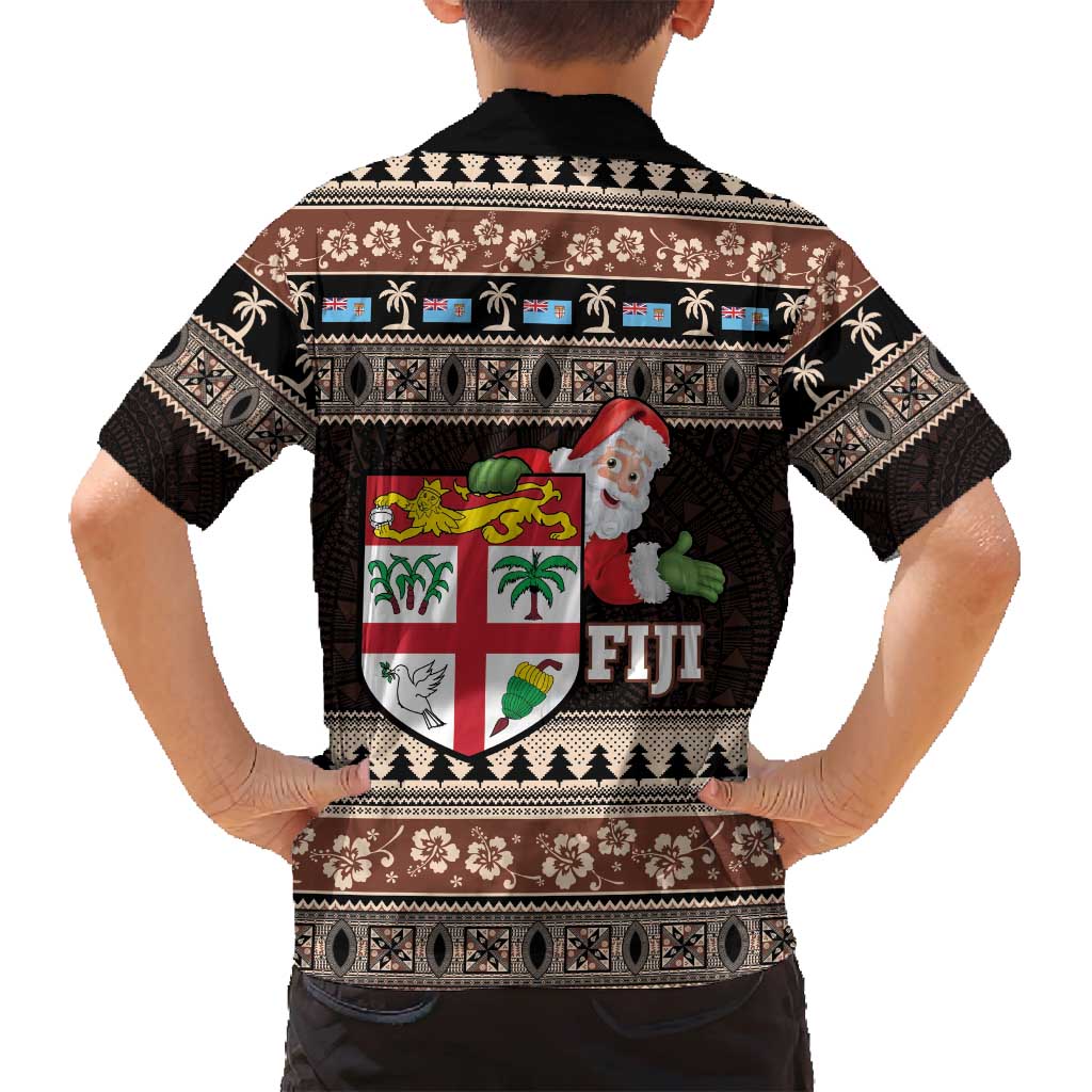 Fiji Christmas Family Matching Off Shoulder Short Dress and Hawaiian Shirt Fijian Masi Marau na Kerisimasi! - Brown LT14 - Polynesian Pride