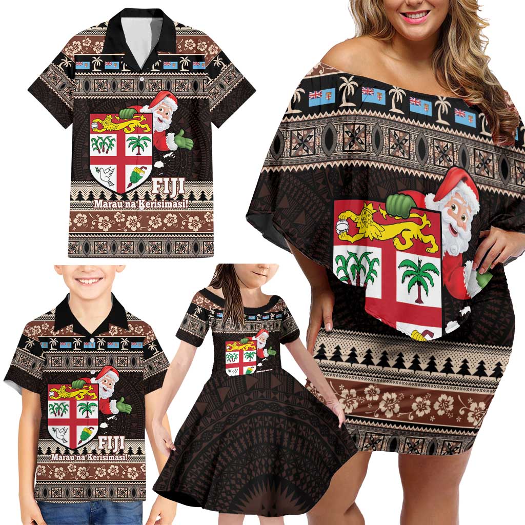 Fiji Christmas Family Matching Off Shoulder Short Dress and Hawaiian Shirt Fijian Masi Marau na Kerisimasi! - Brown LT14 - Polynesian Pride