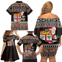 Fiji Christmas Family Matching Off Shoulder Short Dress and Hawaiian Shirt Fijian Masi Marau na Kerisimasi! - Brown LT14 - Polynesian Pride