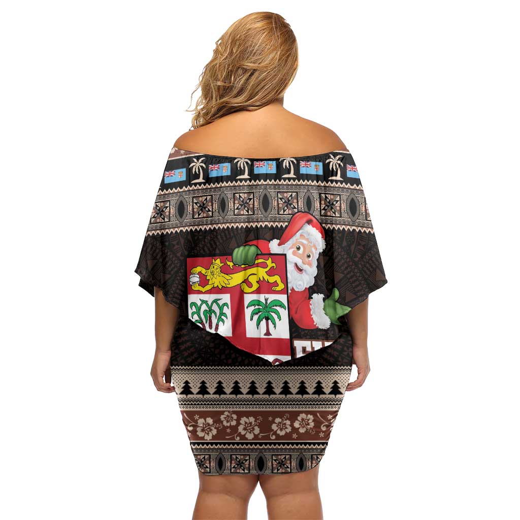 Fiji Christmas Family Matching Off Shoulder Short Dress and Hawaiian Shirt Fijian Masi Marau na Kerisimasi! - Brown LT14 - Polynesian Pride