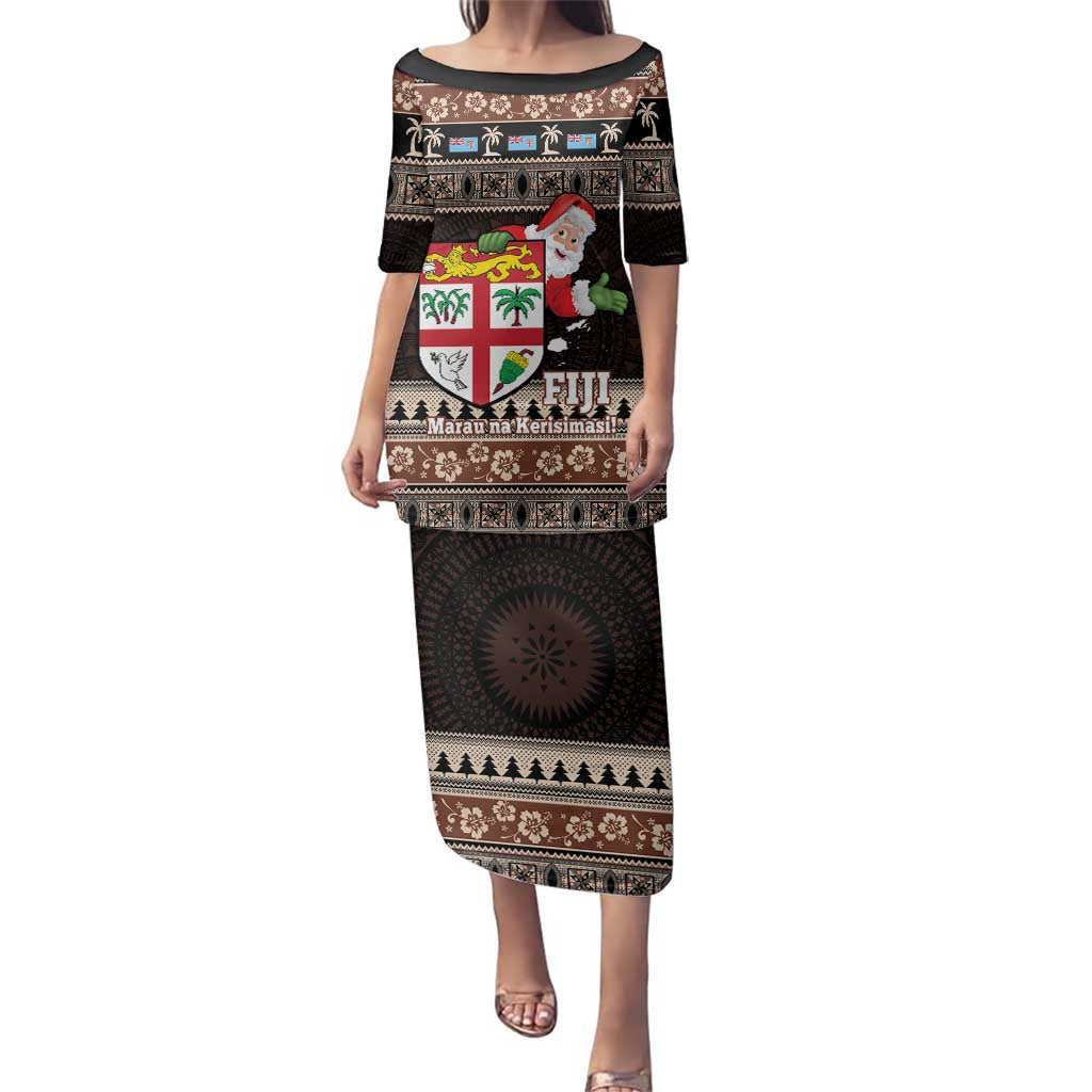 Fiji Christmas Family Matching Puletasi and Hawaiian Shirt Fijian Masi Marau na Kerisimasi! - Brown LT14 Mom's Dress Brown - Polynesian Pride