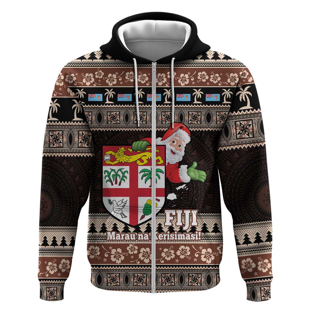 Fiji Christmas Hoodie Fijian Masi Marau na Kerisimasi! - Brown LT14 Zip Hoodie Brown - Polynesian Pride