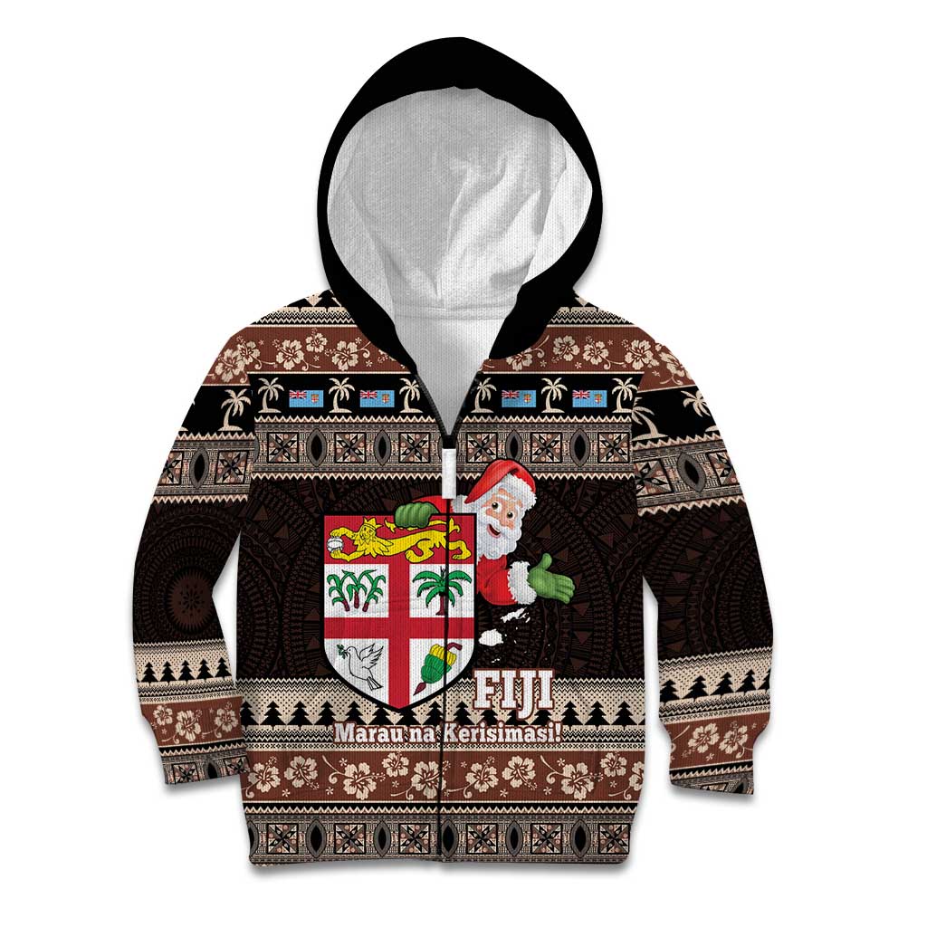 Fiji Christmas Kid Hoodie Fijian Masi Marau na Kerisimasi! - Brown LT14 Zip Hoodie Brown - Polynesian Pride