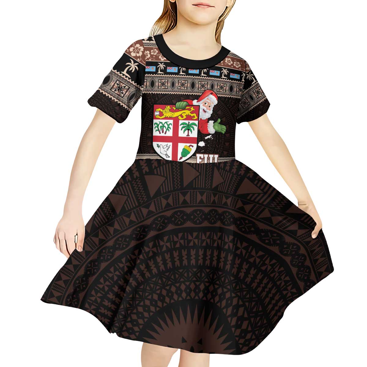 Fiji Christmas Kid Short Sleeve Dress Fijian Masi Marau na Kerisimasi! - Brown LT14 - Polynesian Pride