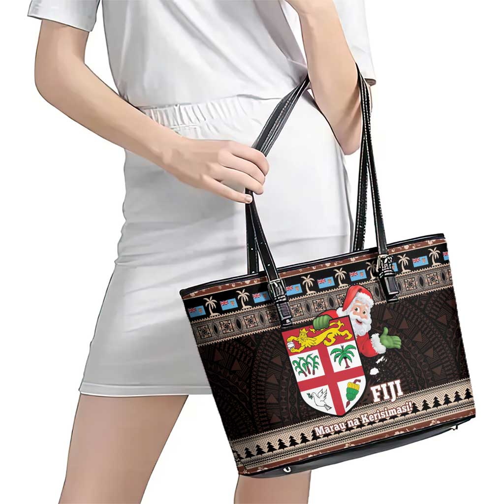 Fiji Christmas Leather Tote Bag Fijian Masi Marau na Kerisimasi! - Brown LT14 - Polynesian Pride
