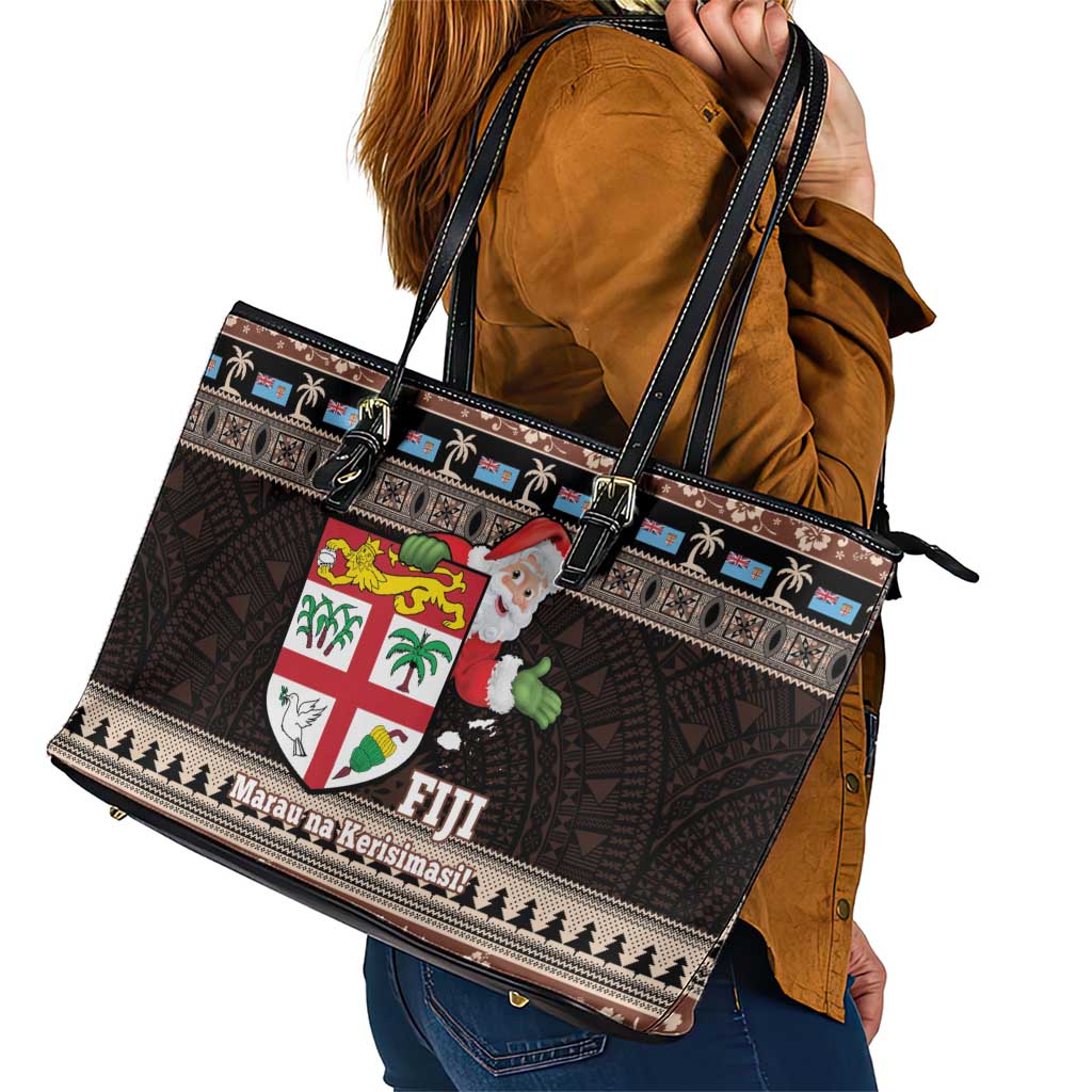 Fiji Christmas Leather Tote Bag Fijian Masi Marau na Kerisimasi! - Brown LT14 - Polynesian Pride