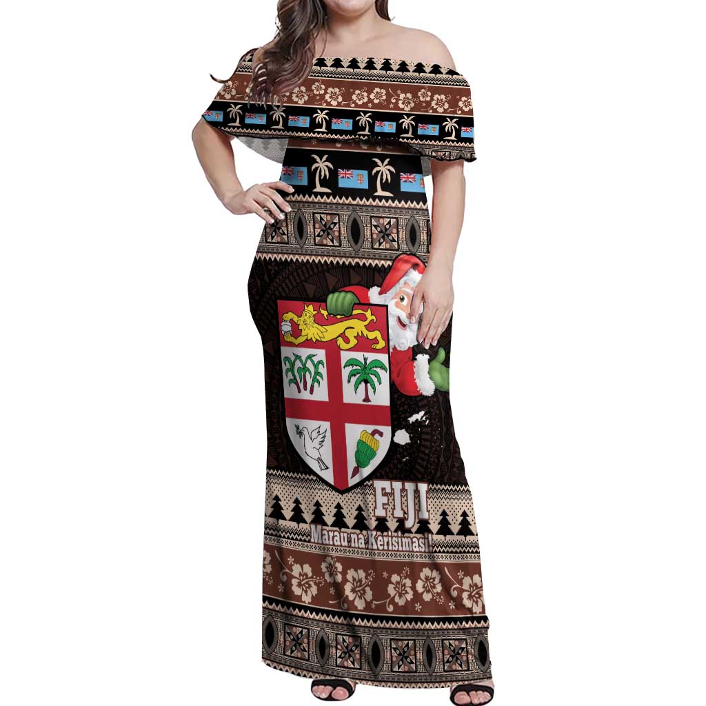 Fiji Christmas Off Shoulder Maxi Dress Fijian Masi Marau na Kerisimasi! - Brown LT14 Women Brown - Polynesian Pride