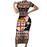 Fiji Christmas Short Sleeve Bodycon Dress Fijian Masi Marau na Kerisimasi! - Brown LT14 Long Dress Brown - Polynesian Pride