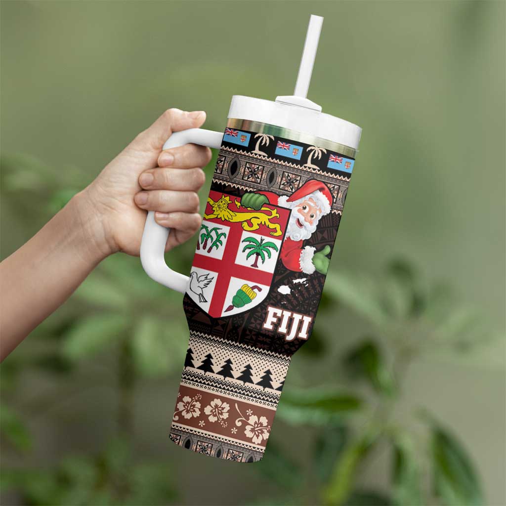 Fiji Christmas Tumbler With Handle Fijian Masi Marau na Kerisimasi! - Brown LT14 - Polynesian Pride
