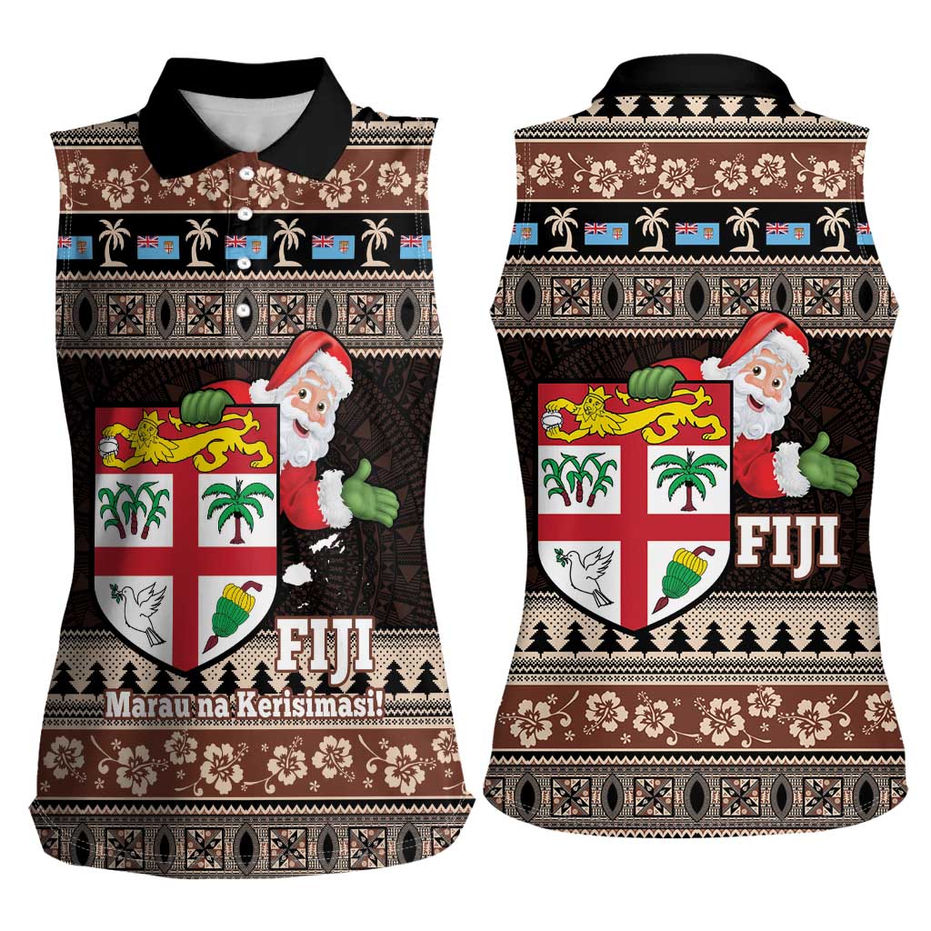 Fiji Christmas Women Sleeveless Polo Shirt Fijian Masi Marau na Kerisimasi! - Brown LT14 - Polynesian Pride
