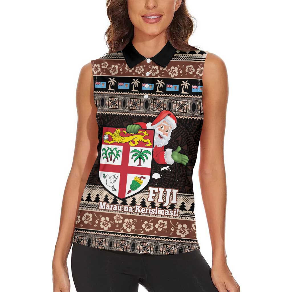 Fiji Christmas Women Sleeveless Polo Shirt Fijian Masi Marau na Kerisimasi! - Brown LT14 - Polynesian Pride