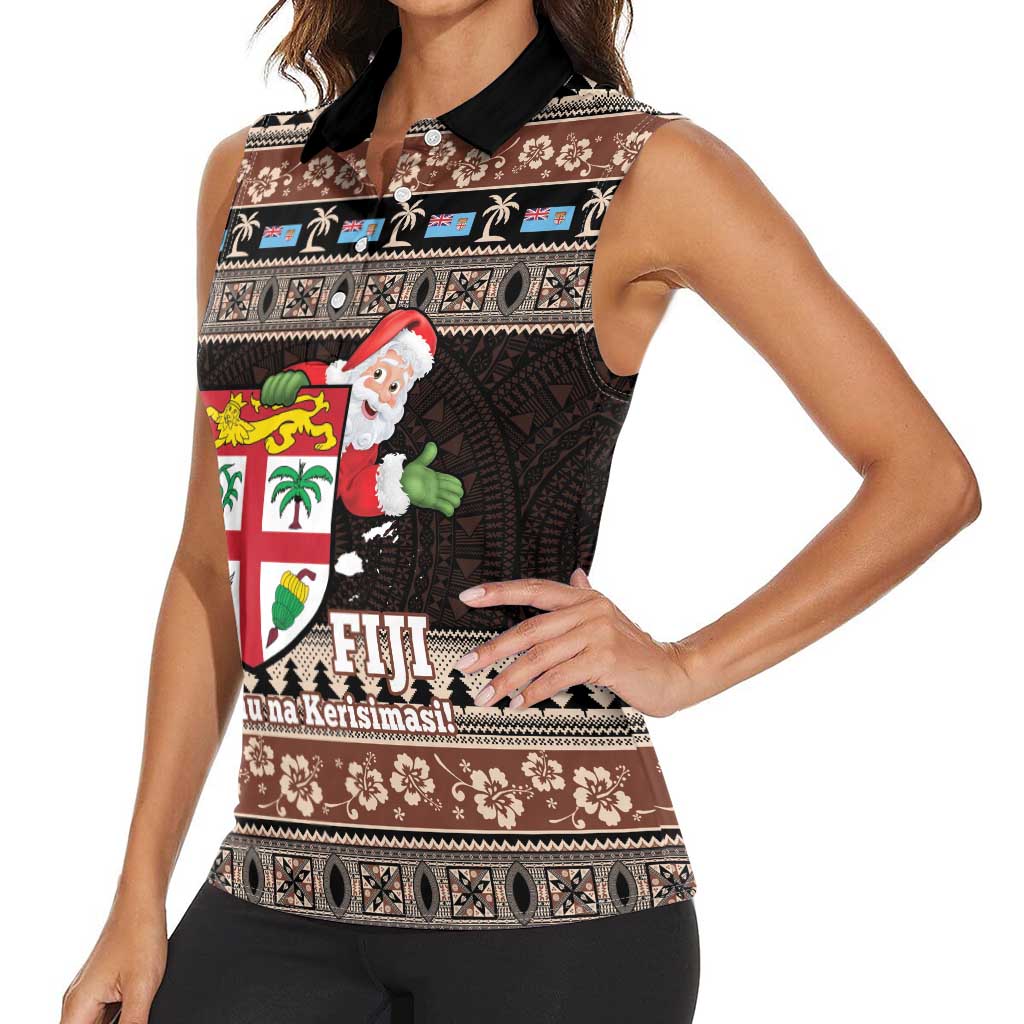 Fiji Christmas Women Sleeveless Polo Shirt Fijian Masi Marau na Kerisimasi! - Brown LT14 - Polynesian Pride