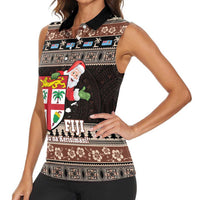 Fiji Christmas Women Sleeveless Polo Shirt Fijian Masi Marau na Kerisimasi! - Brown LT14 - Polynesian Pride