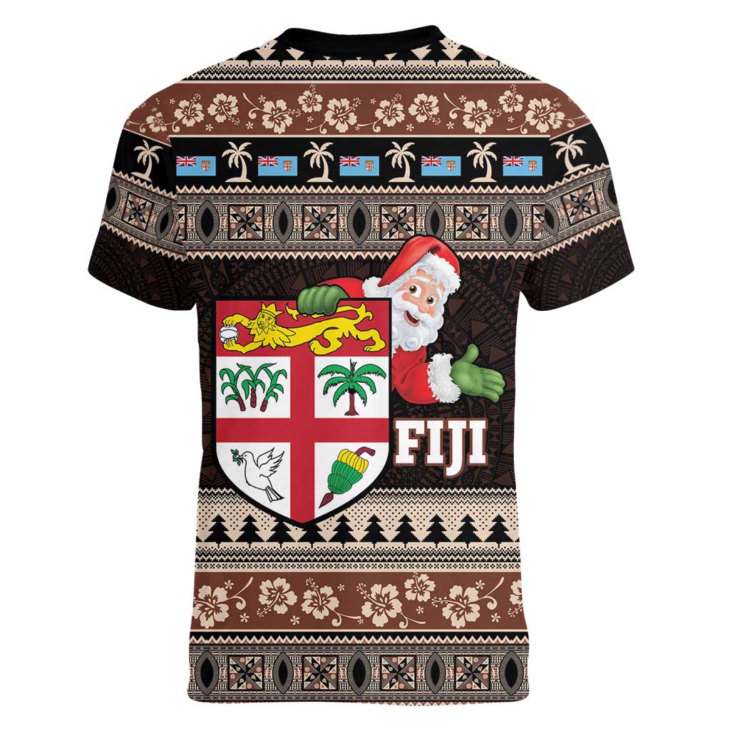 Fiji Christmas Women V-Neck T-Shirt Fijian Masi Marau na Kerisimasi! - Brown LT14 - Polynesian Pride