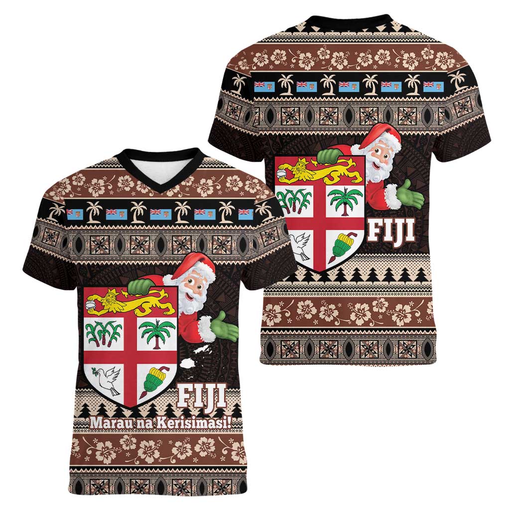Fiji Christmas Women V-Neck T-Shirt Fijian Masi Marau na Kerisimasi! - Brown LT14 - Polynesian Pride