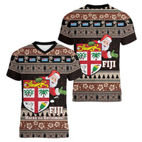 Fiji Christmas Women V-Neck T-Shirt Fijian Masi Marau na Kerisimasi! - Brown LT14 - Polynesian Pride
