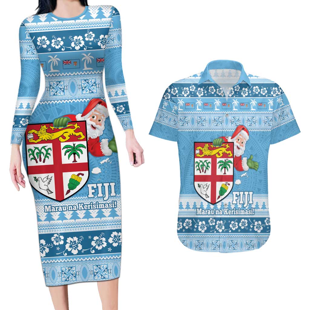 Fiji Christmas Couples Matching Long Sleeve Bodycon Dress and Hawaiian Shirt Fijian Masi Marau na Kerisimasi! - Blue LT14 Blue - Polynesian Pride