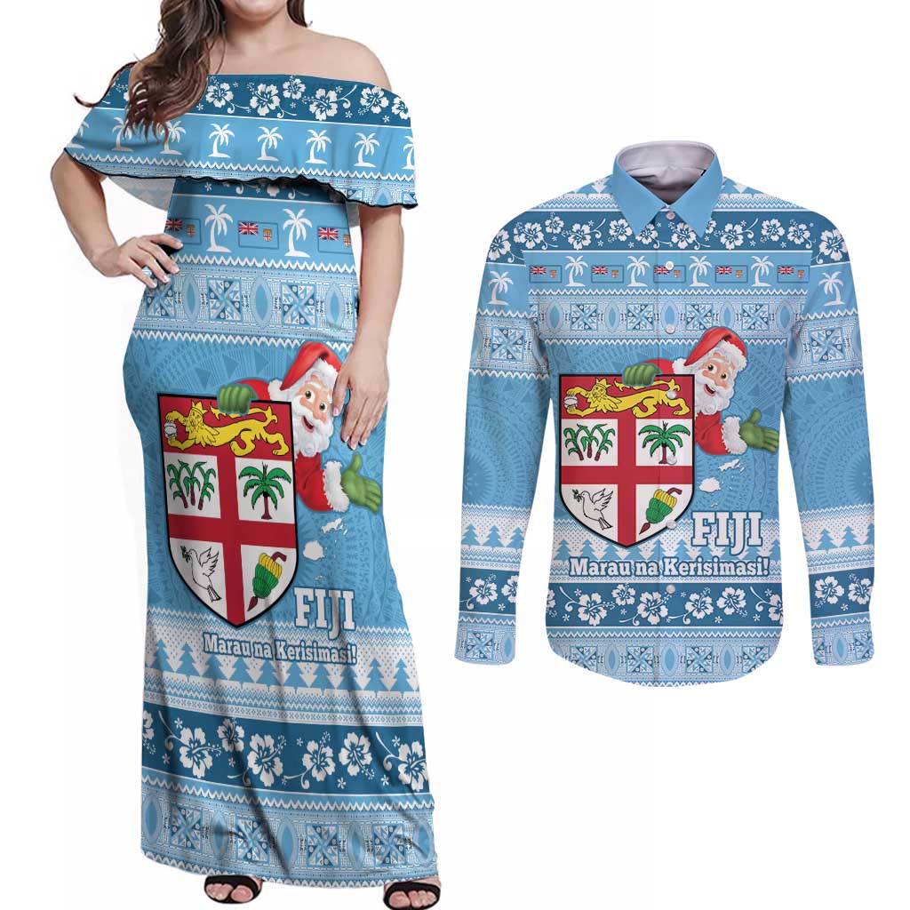 Fiji Christmas Couples Matching Off Shoulder Maxi Dress and Long Sleeve Button Shirt Fijian Masi Marau na Kerisimasi! - Blue LT14 Blue - Polynesian Pride