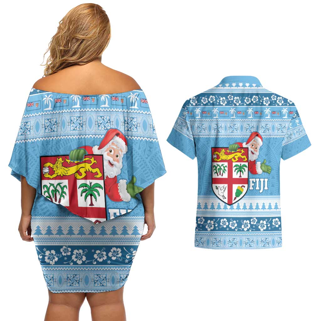 Fiji Christmas Couples Matching Off Shoulder Short Dress and Hawaiian Shirt Fijian Masi Marau na Kerisimasi! - Blue LT14 - Polynesian Pride