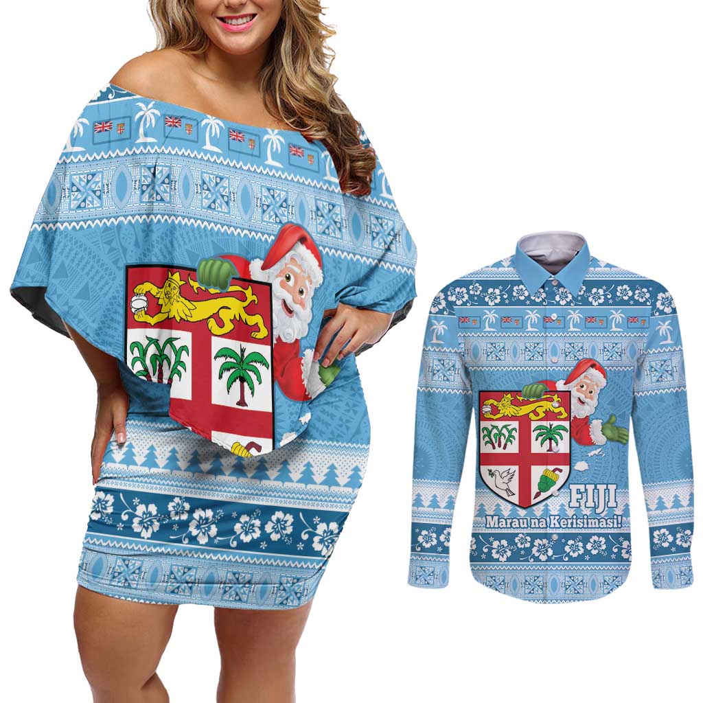 Fiji Christmas Couples Matching Off Shoulder Short Dress and Long Sleeve Button Shirt Fijian Masi Marau na Kerisimasi! - Blue LT14 Blue - Polynesian Pride