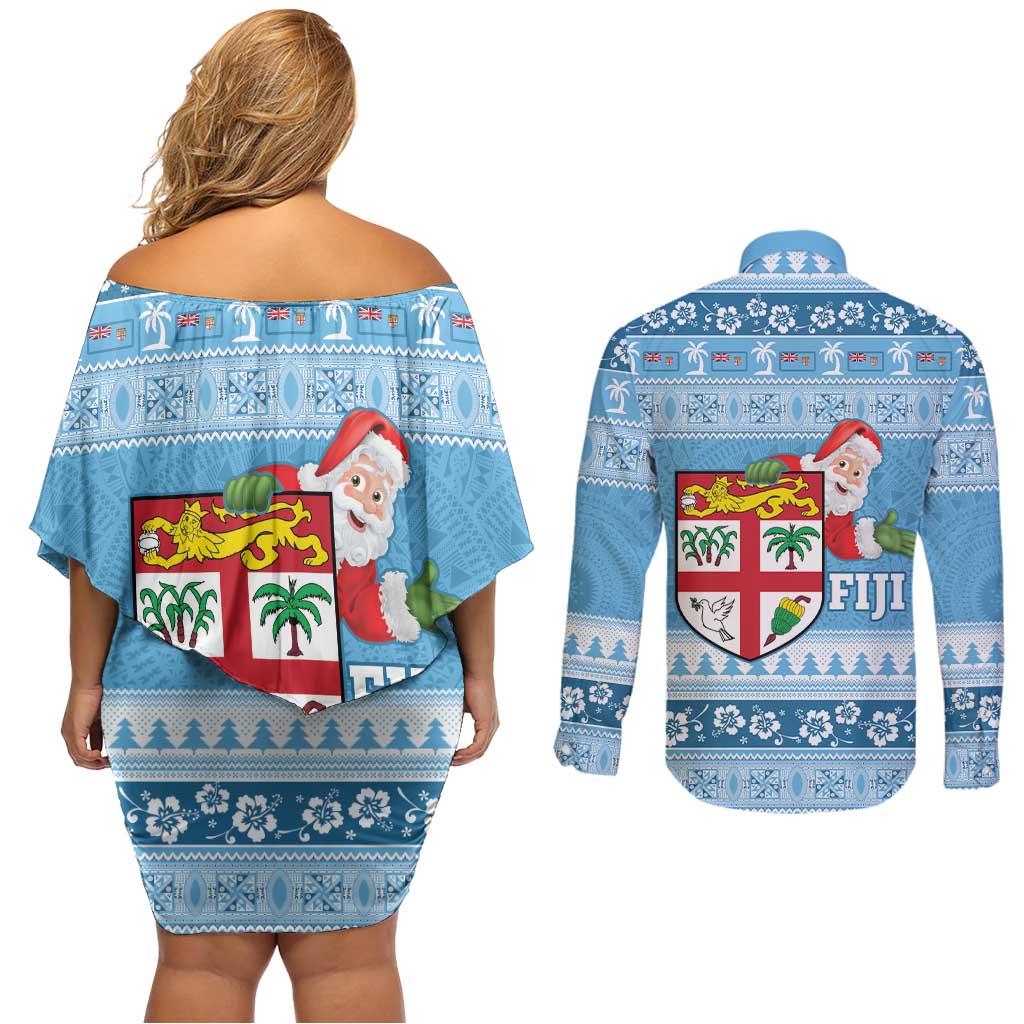 Fiji Christmas Couples Matching Off Shoulder Short Dress and Long Sleeve Button Shirt Fijian Masi Marau na Kerisimasi! - Blue LT14 - Polynesian Pride