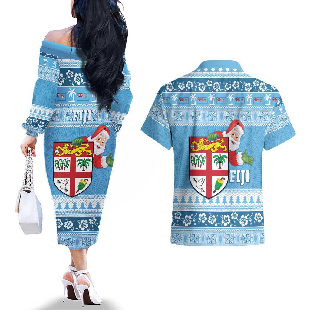 Fiji Christmas Couples Matching Off The Shoulder Long Sleeve Dress and Hawaiian Shirt Fijian Masi Marau na Kerisimasi! - Blue LT14 - Polynesian Pride