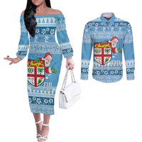 Fiji Christmas Couples Matching Off The Shoulder Long Sleeve Dress and Long Sleeve Button Shirt Fijian Masi Marau na Kerisimasi! - Blue LT14 Blue - Polynesian Pride