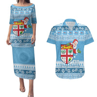 Fiji Christmas Couples Matching Puletasi and Hawaiian Shirt Fijian Masi Marau na Kerisimasi! - Blue LT14 Blue - Polynesian Pride