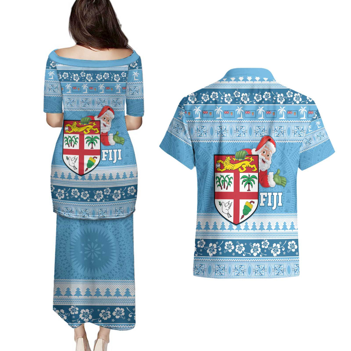 Fiji Christmas Couples Matching Puletasi and Hawaiian Shirt Fijian Masi Marau na Kerisimasi! - Blue LT14 - Polynesian Pride