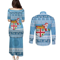 Fiji Christmas Couples Matching Puletasi and Long Sleeve Button Shirt Fijian Masi Marau na Kerisimasi! - Blue LT14 - Polynesian Pride