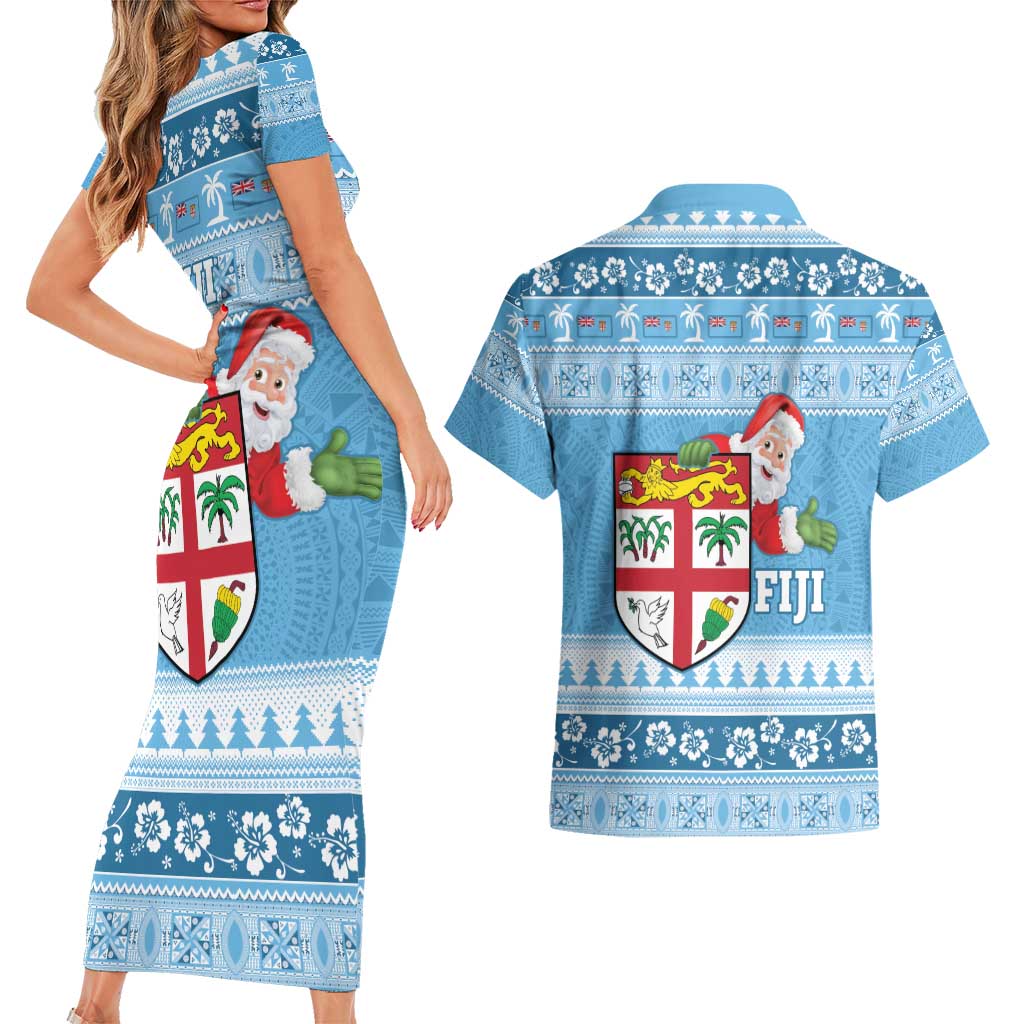 Fiji Christmas Couples Matching Short Sleeve Bodycon Dress and Hawaiian Shirt Fijian Masi Marau na Kerisimasi! - Blue LT14 - Polynesian Pride