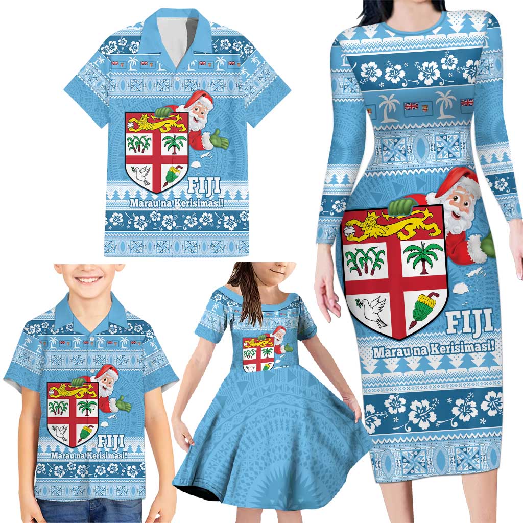 Fiji Christmas Family Matching Long Sleeve Bodycon Dress and Hawaiian Shirt Fijian Masi Marau na Kerisimasi! - Blue LT14 - Polynesian Pride